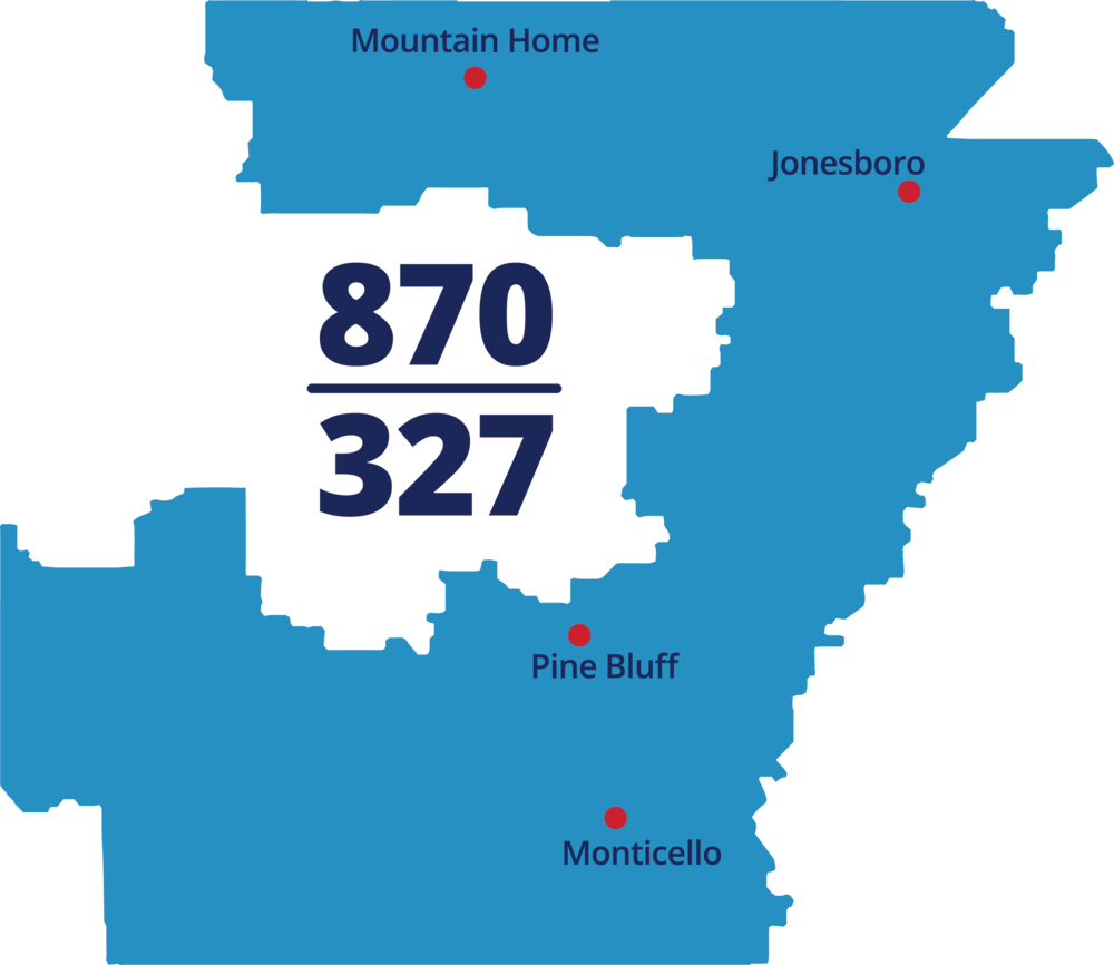 Arkansas state map showing a shaded portion where the new area code will be applied.